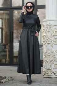 Neva Style - Kuşaklı Siyah Deri Tesettür Elbise 85251S - Thumbnail