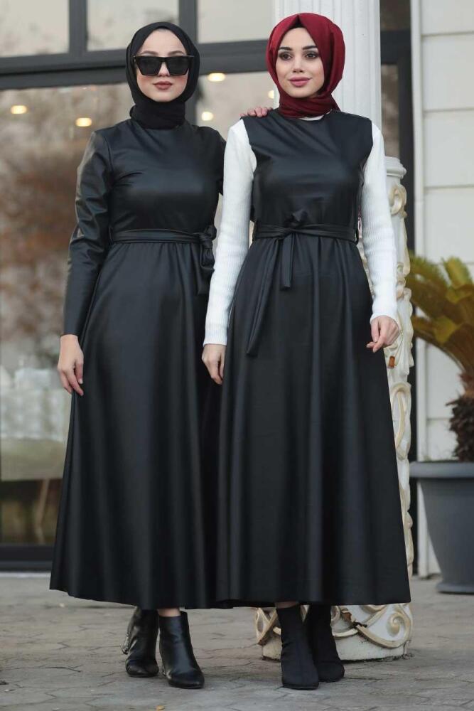 Neva Style - Kuşaklı Siyah Deri Tesettür Elbise 85251S - 3