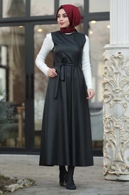 Neva Style - Kuşaklı Siyah Deri Tesettür Jile Elbise 85260S - Thumbnail