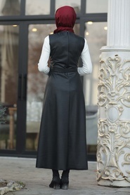 Neva Style - Kuşaklı Siyah Deri Tesettür Jile Elbise 85260S - Thumbnail