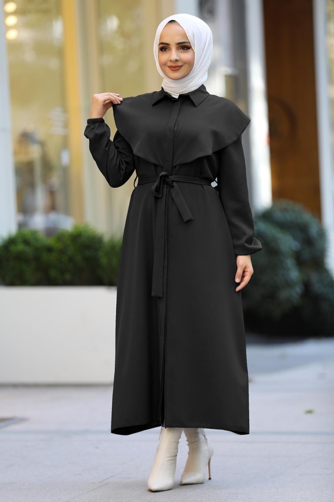 Neva Style - Kuşaklı Siyah Tesettür Elbise 4331S - 1