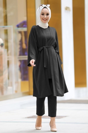  Kuşaklı Siyah Tesettür Kimono Takım 51630S - 1