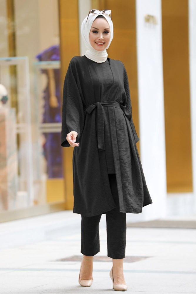  Kuşaklı Siyah Tesettür Kimono Takım 51630S - 1