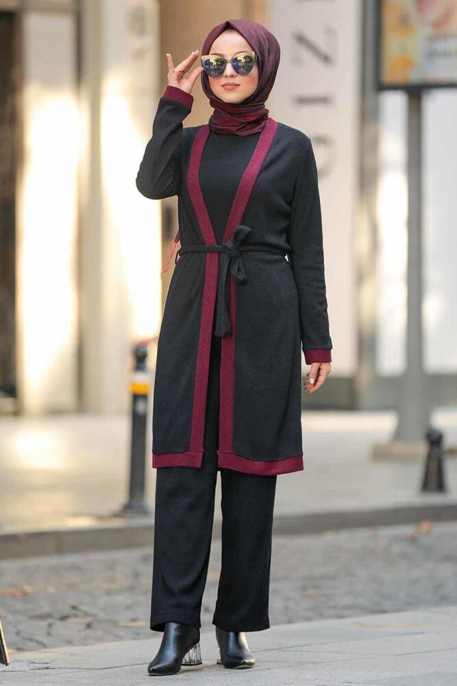 Neva Style - Kuşaklı Siyah Tesettür Triko İkili Takım 12050S - 1
