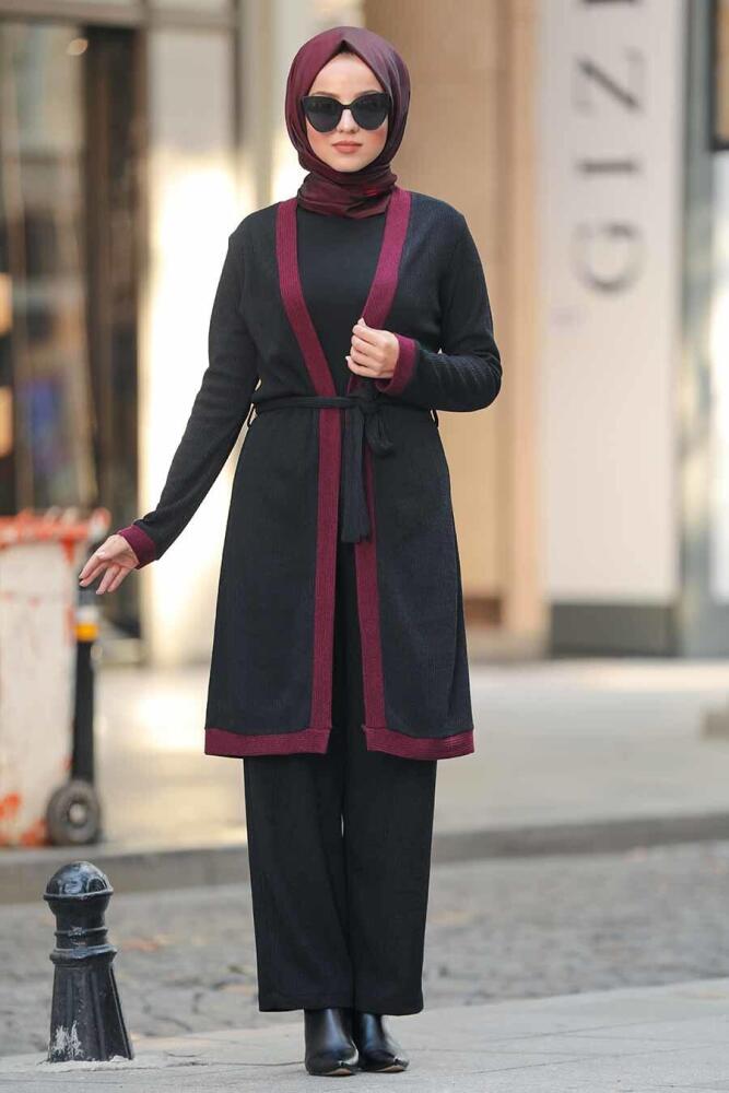 Neva Style - Kuşaklı Siyah Tesettür Triko İkili Takım 12050S - 2