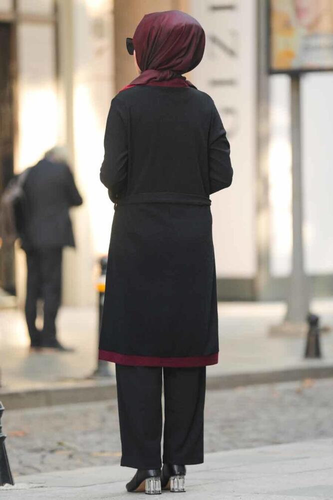 Neva Style - Kuşaklı Siyah Tesettür Triko İkili Takım 12050S - 3