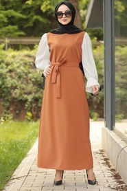Neva Style - Kuşaklı Taba Tesettür Elbise 1492TB - Thumbnail