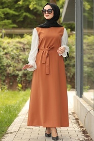 Neva Style - Kuşaklı Taba Tesettür Elbise 1492TB - Thumbnail