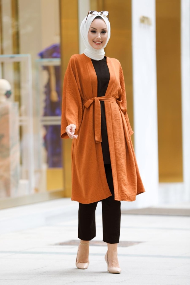 Neva Style - Kuşaklı Taba Tesettür Kimono 40930TB - 1