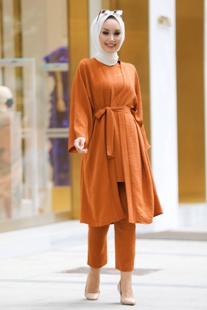  Kuşaklı Taba Tesettür Kimono Takım 51630TB - 1