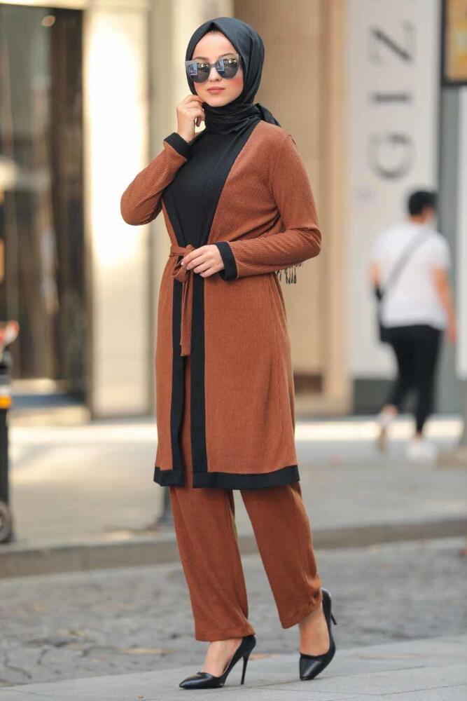 Neva Style - Kuşaklı Taba Tesettür Triko İkili Takım 12050TB - 1