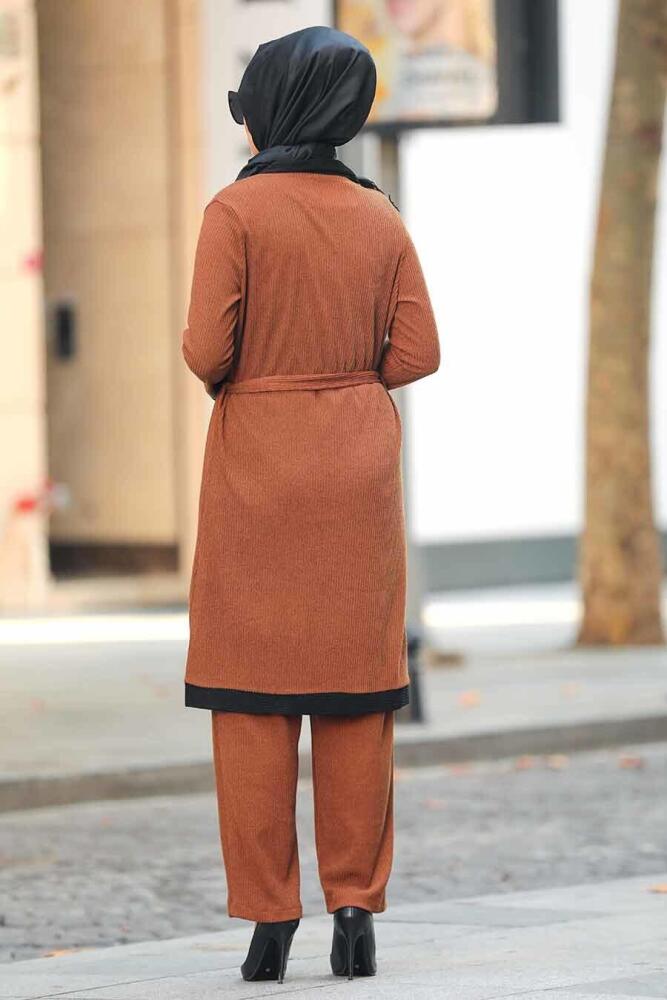 Neva Style - Kuşaklı Taba Tesettür Triko İkili Takım 12050TB - 2