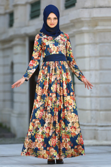 Neva Style - Lacivert Kadife Tesettür Elbise 2093L
