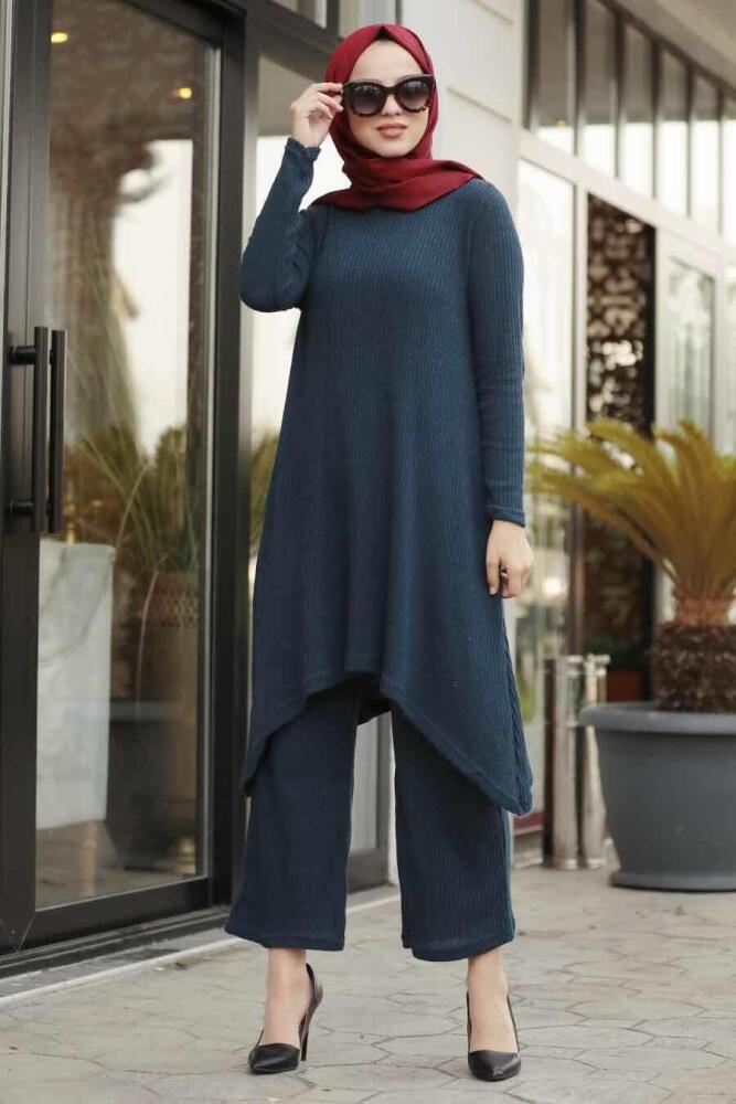 Neva Style - Lacivert Tesettür Triko İkili Takım 948L - 1