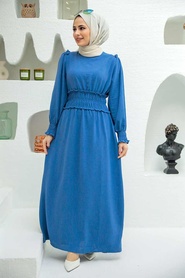 Neva Style - Lastikli İndigo Mavisi Tesettür Elbise 1300IM - Thumbnail