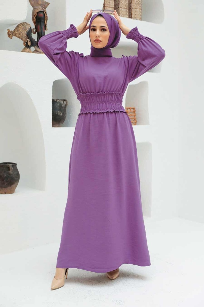 Neva Style - Lastikli Lila Tesettür Elbise 1300LILA - 1
