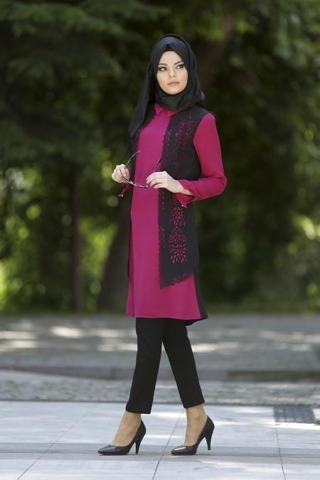 Neva Style - Lazer Kesimli Fuşya Tunik - 2