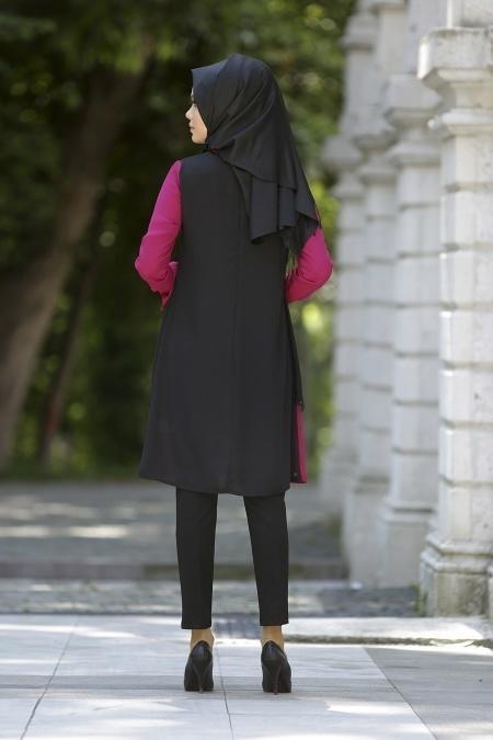 Neva Style - Lazer Kesimli Fuşya Tunik - 3