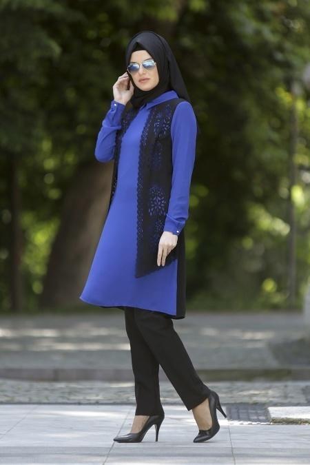 Neva Style - Lazer Kesimli Sax Mavisi Tunik - 2