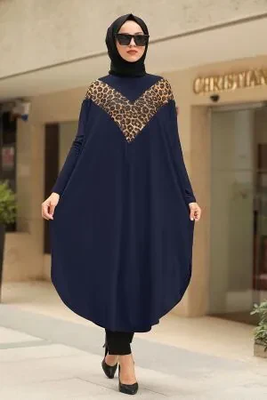  Leopar Desen Detaylı Lacivert Tesettür Tunik 40001L - 1