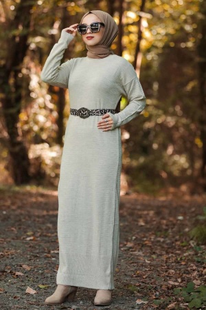 Neva Style - Leopar Desen Kemerli Bej Tesettür Triko Elbise 10071BEJ - 1