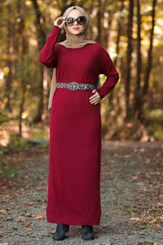 Neva Style - Leopar Desen Kemerli Bordo Tesettür Triko Elbise 10071BR - 1