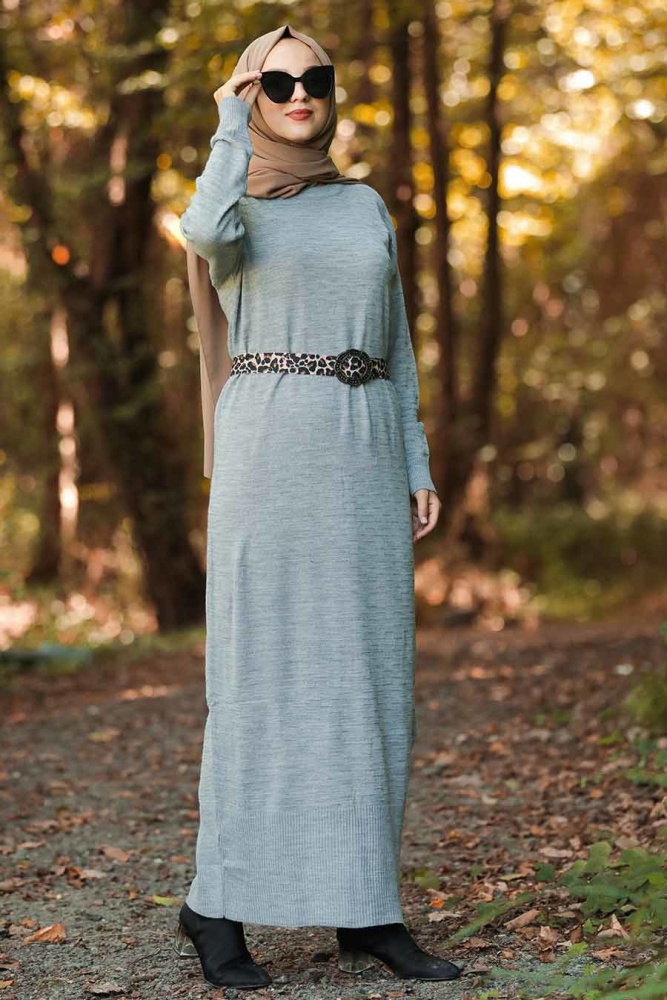 Neva Style - Leopar Desen Kemerli Gri Tesettür Triko Elbise 10071GR - 1