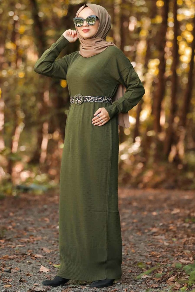 Neva Style - Leopar Desen Kemerli Haki Tesettür Triko Elbise 10071HK - 1