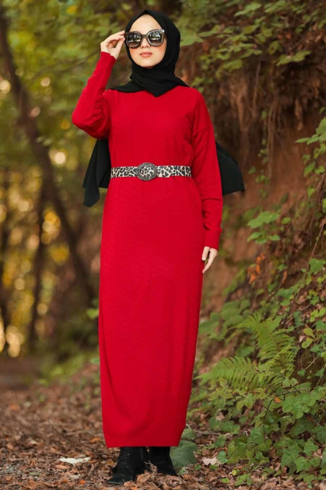 Neva Style - Leopar Desen Kemerli Kırmızı Tesettür Triko Elbise 10071K - 1