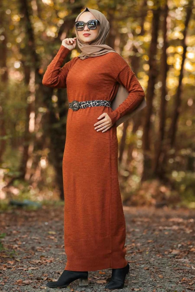 Neva Style - Leopar Desen Kemerli Taba Tesettür Triko Elbise 10071TB - 1