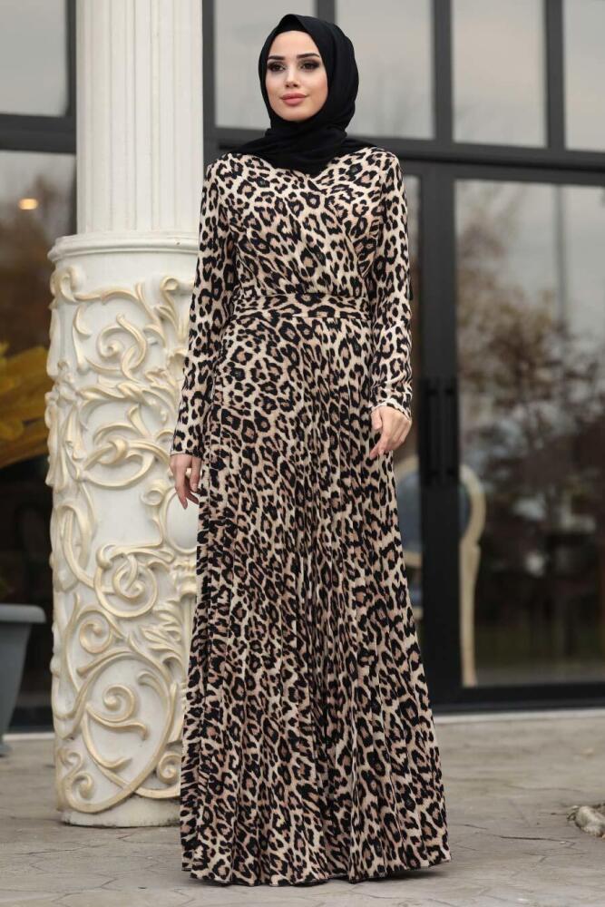 Neva Style - Leopar Desenli Açık Leopar Tesettür Elbise 1451ALP - 1