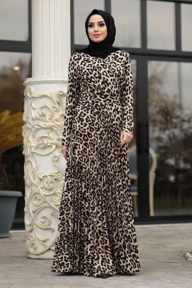 Neva Style - Leopar Desenli Açık Leopar Tesettür Elbise 1451ALP - 2