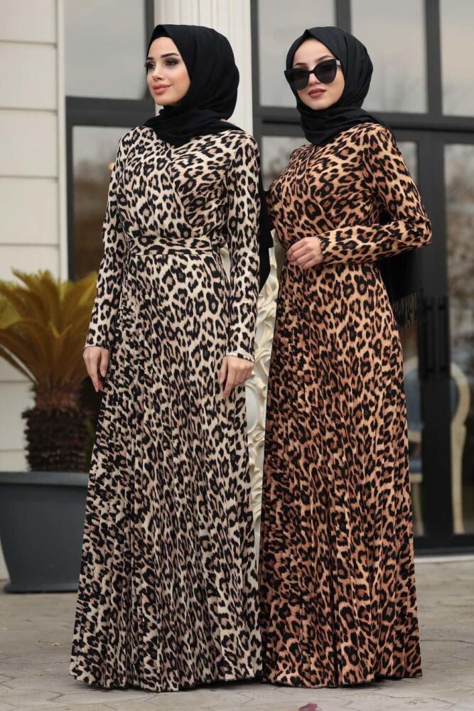 Neva Style - Leopar Desenli Açık Leopar Tesettür Elbise 1451ALP - 4