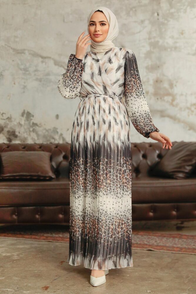 Neva Style - Leopar Desenli Beyaz Tesettür Elbise 3889B - 2
