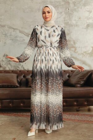 Neva Style - Leopar Desenli Beyaz Tesettür Elbise 3889B - 1