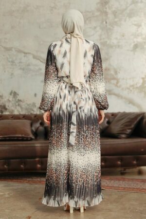 Neva Style - Leopar Desenli Beyaz Tesettür Elbise 3889B - 3