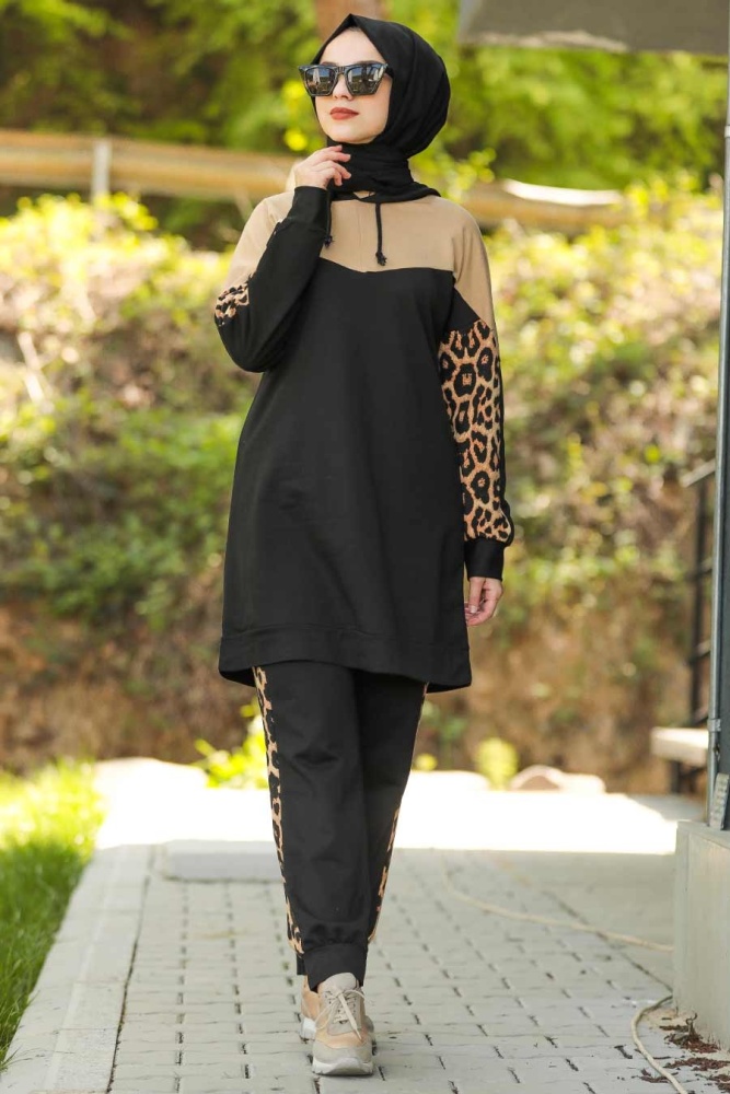 Neva Style - Leopar Desenli Bisküvi Tesettür İkili Takım 60520BS - 1