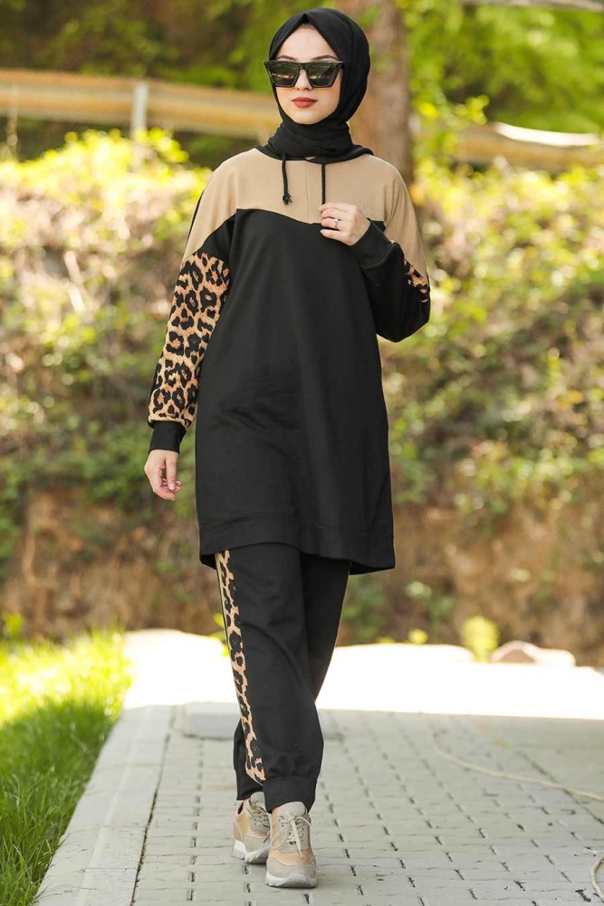 Neva Style - Leopar Desenli Bisküvi Tesettür İkili Takım 60520BS - 3