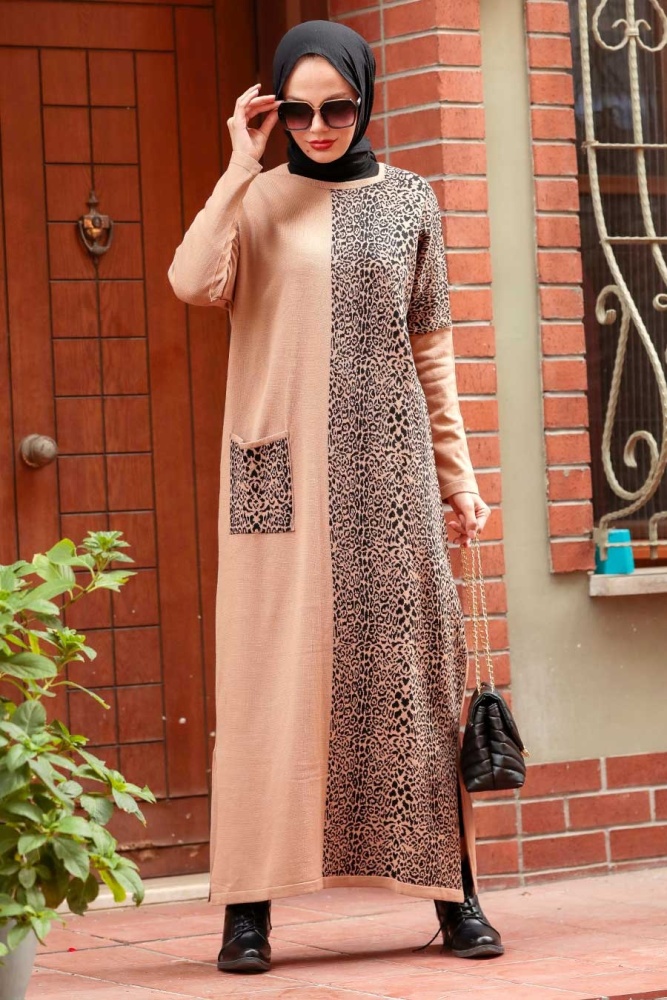 Neva Style - Leopar Desenli Bisküvi Tesettür Triko Elbise 3052BS - 1