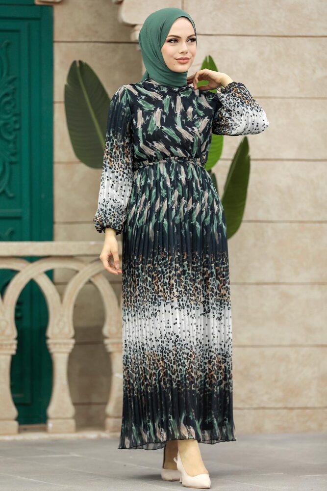 Neva Style - Leopar Desenli Çağla Yeşili Tesettür Elbise 3889CY - NEVA STYLE