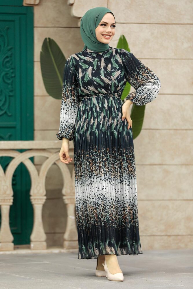 Neva Style - Leopar Desenli Çağla Yeşili Tesettür Elbise 3889CY - 3