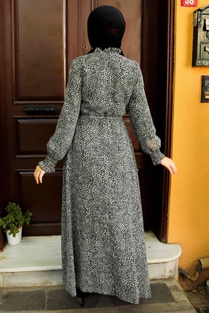  Leopar Desenli Gri Tesettür Elbise 27906GR - 3