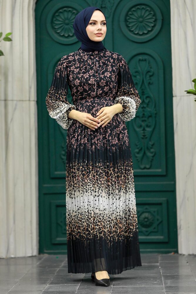  Leopar Desenli Gül Kurusu Tesettür Elbise 38401GK - 2