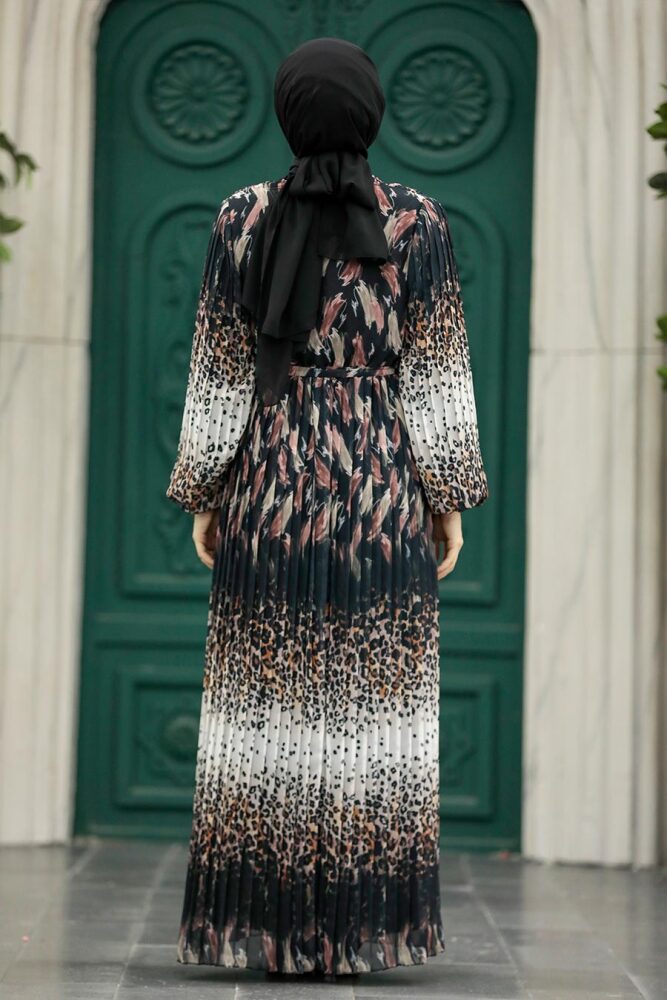 Neva Style - Leopar Desenli Gül Kurusu Tesettür Elbise 3889GK - 3