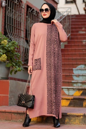 Neva Style - Leopar Desenli Gül Kurusu Tesettür Triko Elbise 3052GK - 1