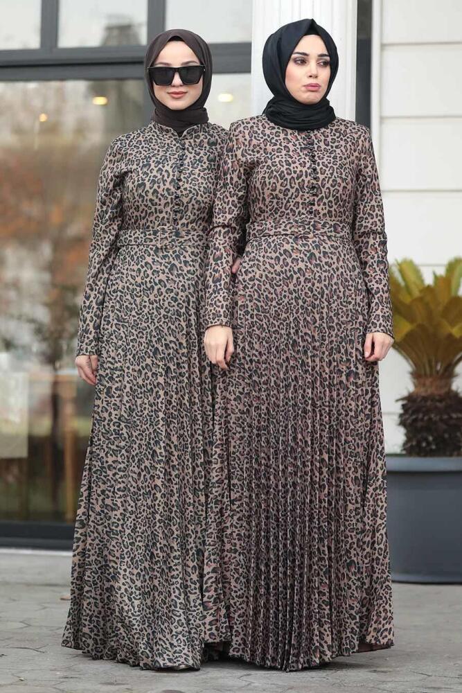 Neva Style - Leopar Desenli Haki Tesettür Elbise 15440HK - 2