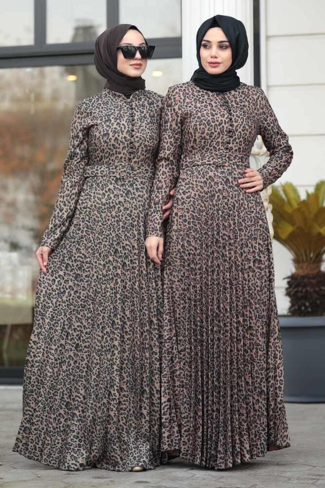Neva Style - Leopar Desenli Haki Tesettür Elbise 15440HK - 3