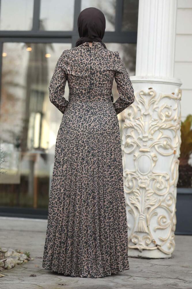 Neva Style - Leopar Desenli Haki Tesettür Elbise 15440HK - 4