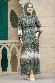 Neva Style - Leopar Desenli Haki Tesettür Elbise 3889HK - Thumbnail