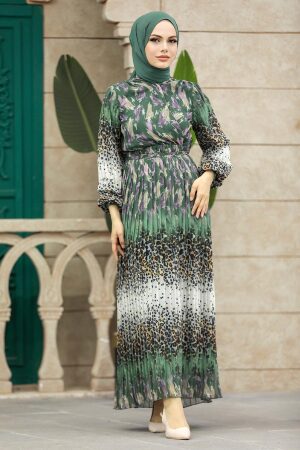 Neva Style - Leopar Desenli Haki Tesettür Elbise 3889HK - 1